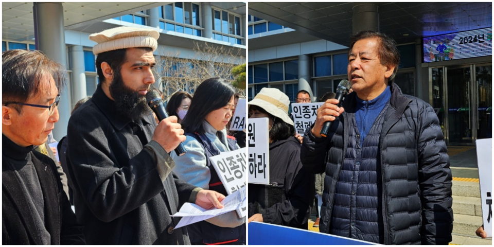 (왼쪽부터)무아즈 라자크 경북대 이슬람공동체 대표, 김용철 금속노조대구지부 성서공단지역지회 상담소장(2024.3.21) / 사진.평화뉴스 정준민 기자