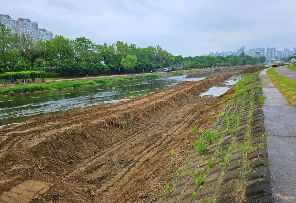 대구 중구 수성교 인근 신천 둔치에 흙이 쌓여 있다. (2024.4.29) / 사진.평화뉴스 정준민 기자