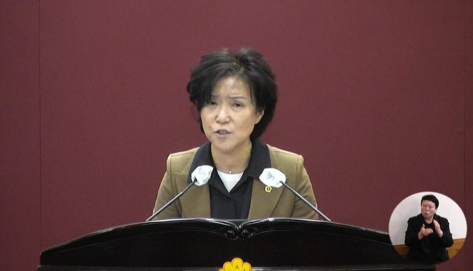 육정미 민주당 대구시의원이 박정희 기념사업 조례안에 대해 반대 토론을 하고 있다.(2024.5.2) / 사진.대구시의회