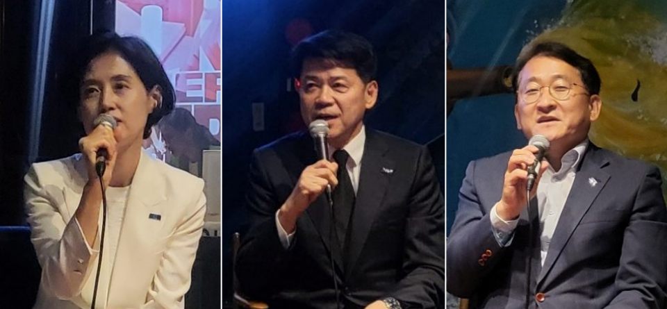 (왼쪽부터)조국혁신당 박은정, 김준형, 차규근 당선자(2024.5.22) / 사진.평화뉴스 김영화 기자