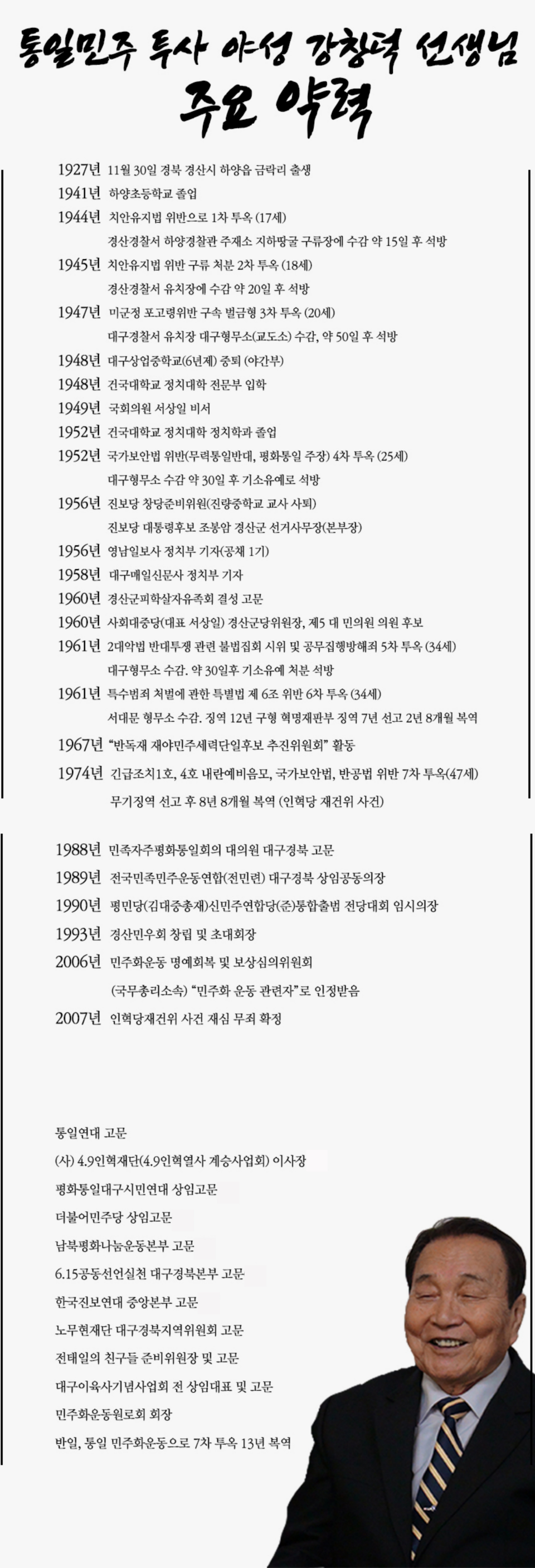 고 강창덕 선생님 주요 약력 / 사진 제공.통일민주투사 야성 강창덕 선생 추모사업회