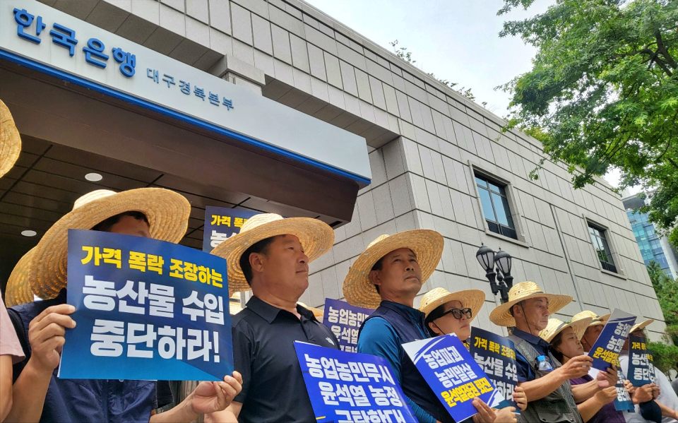 "가격 폭락 조장하는 농산물 수입 중단하라"...한은 대구경북본부 앞에서 피켓팅 중인 경북지역 농민들(2024.6.27) / 사진.평화뉴스 김영화 기자