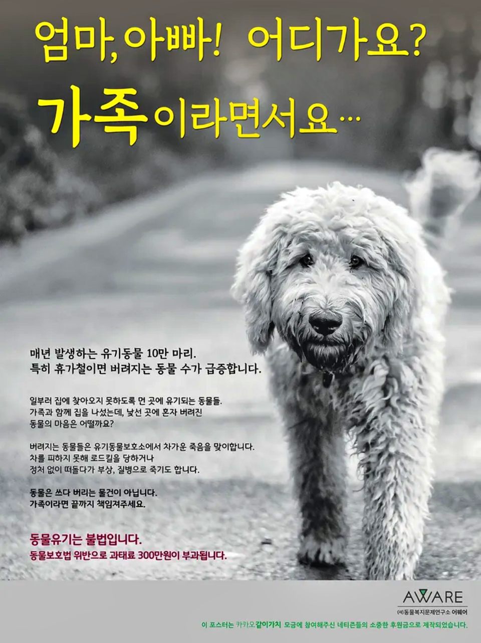 "엄마, 아빠 가족이라면서요...동물 유기는 불법입니다" 카카오 같이가치 웹포스터 / 사진.동물복지문제연구소 어웨어