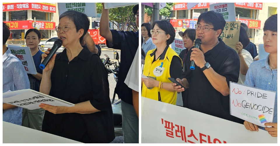 (왼쪽부터) 정금교 대구경북목회자정의평화협의회 공동대표, 김봉석 전교조 대구지부 정책실장(2024.8.12) / 사진.평화뉴스 정준민 기자