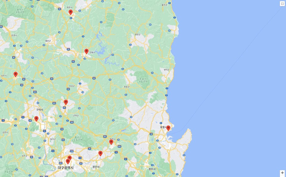 대구경북에 세워진 '평화의 소녀상' 10곳(2024.8.13 기준) / 자료.'평화의 소녀상 전부 알려드립니다' 웹페이지