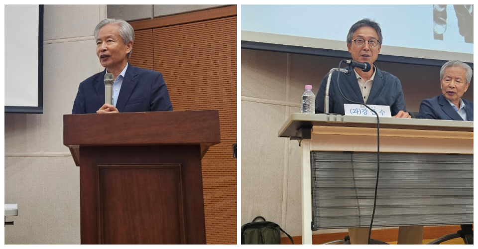 (왼쪽부터) 이정우 전 청와대 정책실장, 강금수 대구참여연대 사무처장(2024.8.19) / 사진.평화뉴스 정준민 기자