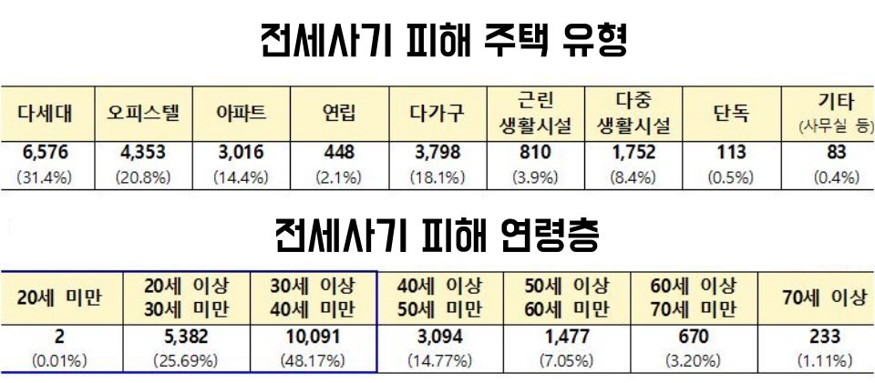 전세사기 피해 주택 유형, 전세사기 피해 연령층 표 / 자료.국토교통부