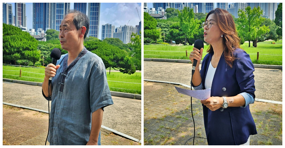 (왼쪽부터) 최봉태 '백산 우재룡 선생 기념사업회' 회장, 이진련 독립운동정신계승사업회 대외협력국장(2024.8.25) / 사진.평화뉴스 정준민 기자