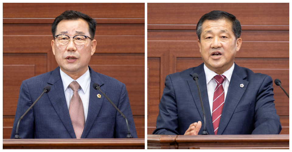 (왼쪽부터) 김일수 경북도의원, 이형식 경북도의원이 도정질문에서 행정통합에 대해 비판하고 있다.(2024.8.27) / 사진 제공.경북도의회