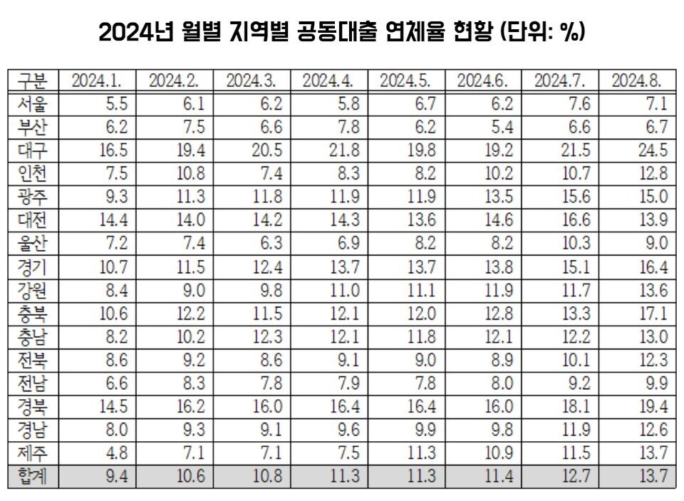 2024년 월별 지역별 전국 지역 농협 공동대출 연체율 현황  / 자료.임미애 의원실