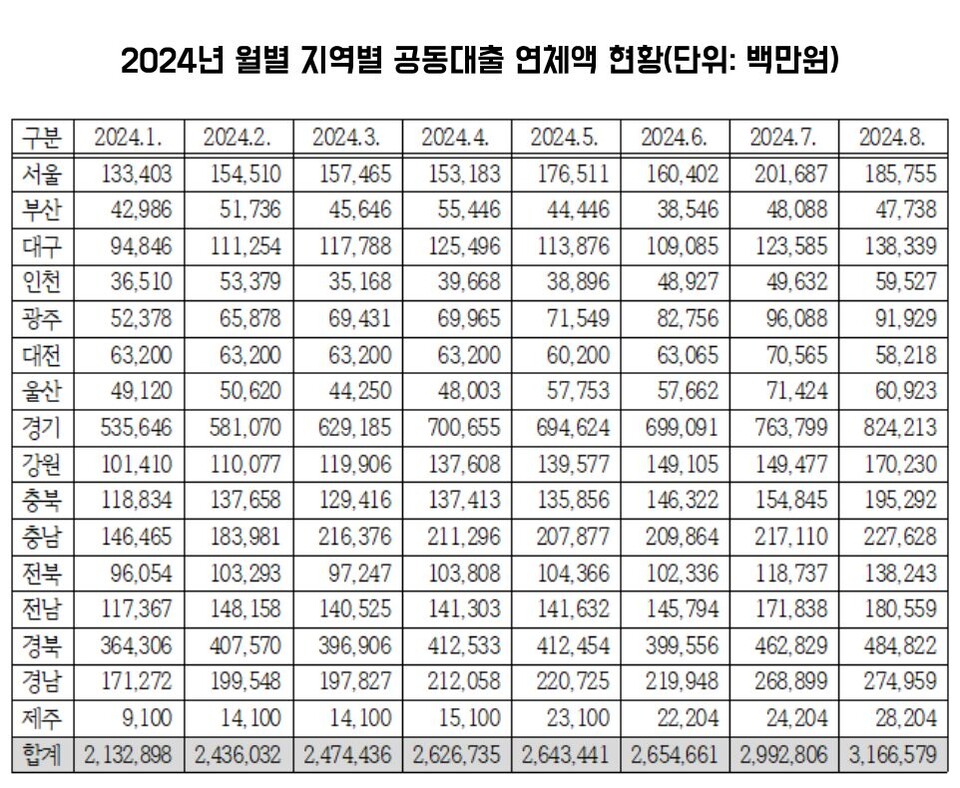 2024년 월별 지역별 전국 지역 농협 공동대출 연체액 현황  / 자료.임미애 의원실