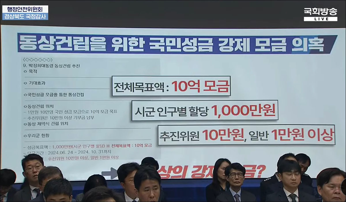 국회 행정안전위원회 국정감사...정춘생 의원이 제시한 '박정희 동상 건립을 위한 국민성금 강제 모금 의혹' 자료 / 사진 출처. 국회방송 중계 캡처