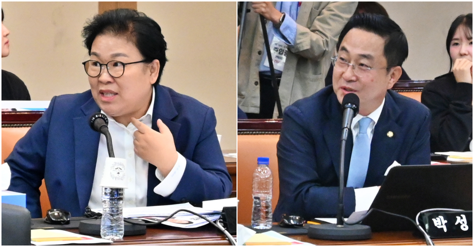 (왼쪽부터) 문정복 민주당 의원, 박성준 민주당 의원(2024.10.17) / 사진.평화뉴스 정준민 기자