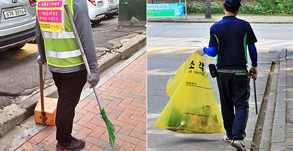 (왼쪽부터)대구 번개시장에서 청소하는 대구 중구청 소송 환경미화원, 경산 영남대 비정규직 환경미화원 노동자가 캠퍼스에서 쓰레기를 봉지에 담고 있다.(2015.6.24, 2013.7.25) / 사진.평화뉴스 김영화 기자
