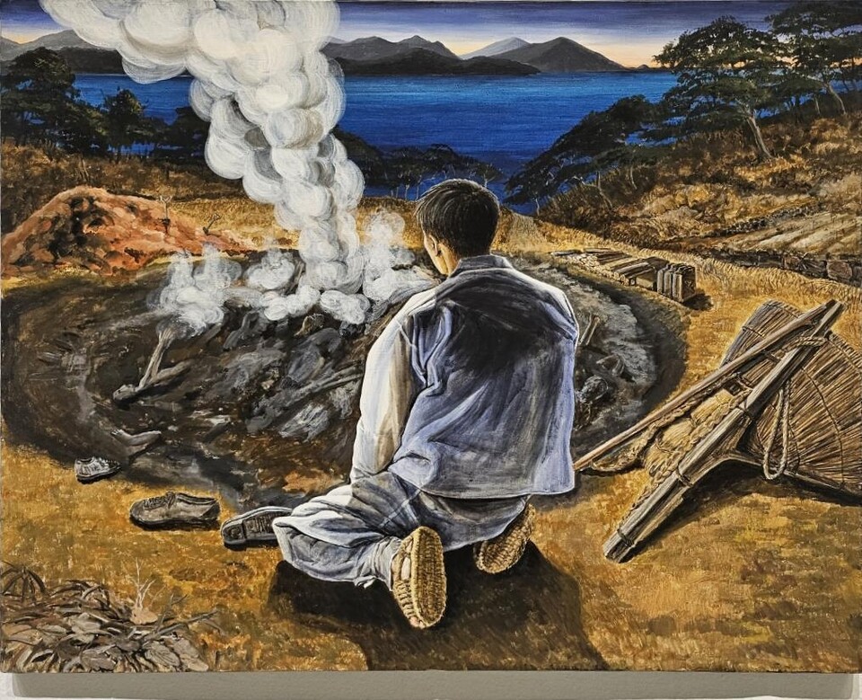 진압군에 의해 총살된 뒤 불에 태워진 동생 시신을 찾으러 간 형의 모습을 그린 '막내 태식이'(2024.11.12.'박금만 여순사건 기록화전-여순의 삶') / 사진.평화뉴스 정준민 기자