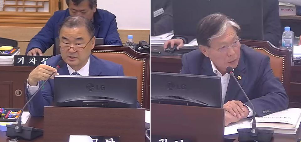 행정감사에서 국민의힘 박규탁, 윤철남 경북도의원이 김재수 대표이사를 꾸짖고 있다.(2024.11.7) / 사진.경북도의회 