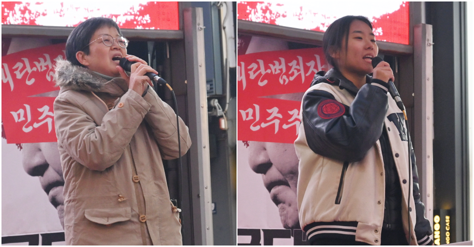 (왼쪽부터)정금교 대구경북목회자정의평화실천협의회 회장, 이채은 '민주주의를 요구하는 경북대학교 대학생 모임' 회원(2024.12.6) / 사진.평화뉴스 정준민 기자