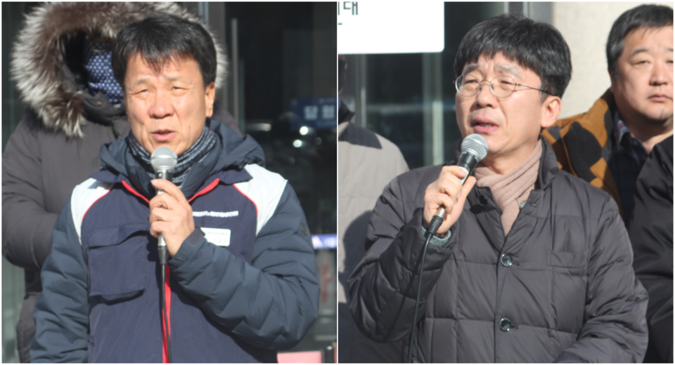 (왼쪽부터) 이길우 '윤석열 퇴진 대구시국회의' 상임공동대표, 김문주 '박정희우상화반대범시민운동본부' 공동대표(2024.12.27) / 사진.평화뉴스 정준민 기자