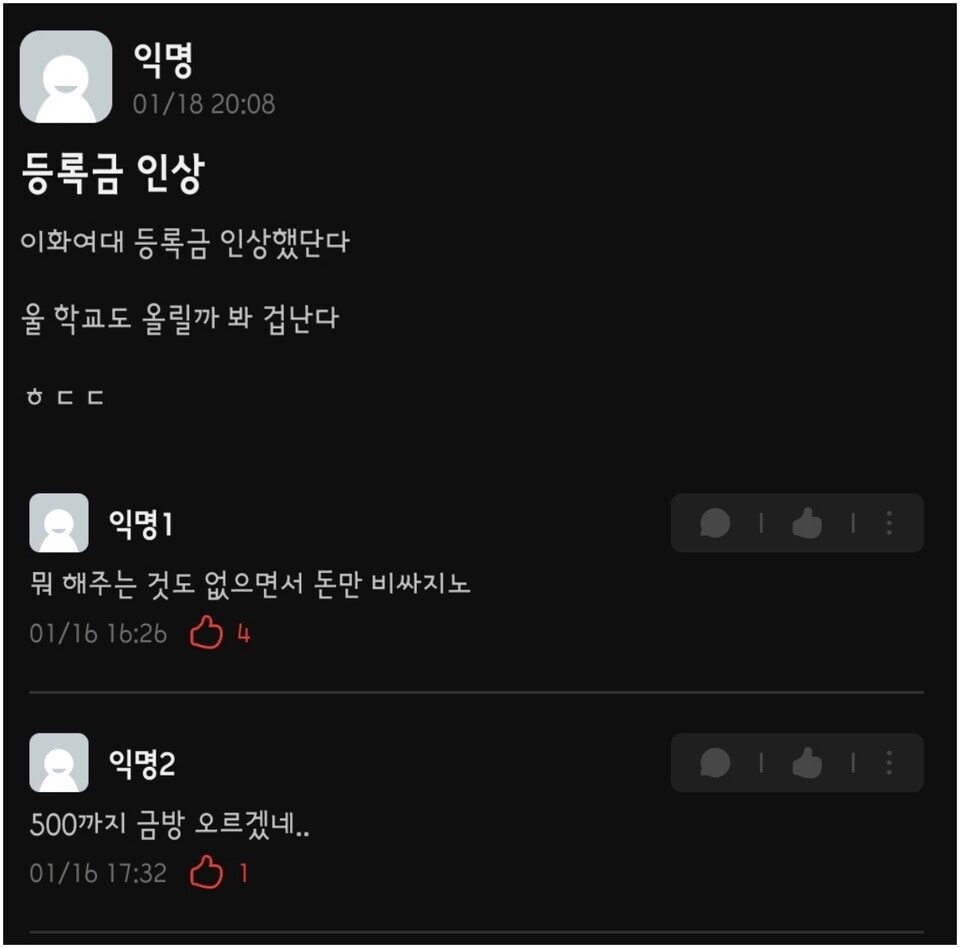 영남대학교 학생 온라인 커뮤니티에 올라온 등록금 인상 관련 게시글과 댓글(2025.1.18) / 화면 캡처.에브리타임