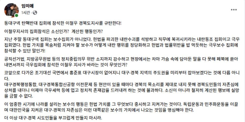 "동대구역 탄핵반대 집회에 참석한 이철우 지사를 규탄한다"(2025.2.10) / 사진.민주당 임미애 국회의원 페이스북 화면 캡쳐