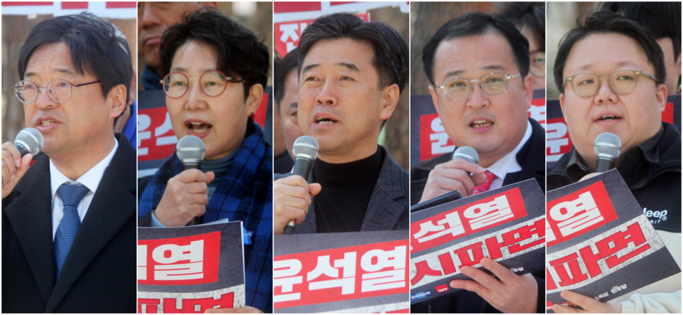 (왼쪽부터) 허소 민주당 대구시당위원장, 정한숙 조국혁신당 대구시당 여성위원장, 황영헌 개혁신당 대구시당위원장, 황순규 진보당 대구시당위원장, 신원호 기본소득당 대구시당위원장(2025.3.17) / 사진.평화뉴스 정준민 기자