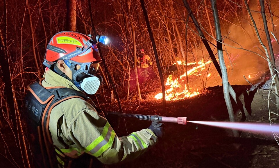 경북 청송군 한 야산에서 소방관이 진화 작업을 벌이고 있다.(2025.3.27) / 사진 제공.경북소방본부