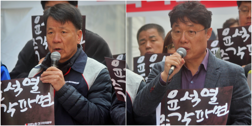 (왼쪽부터) 이길우 민주노총 대구지역본부장, 임성종 윤석열 퇴진 대구시국회의 공동대표(2025.3.31) / 사진.평화뉴스 정준민 기자
