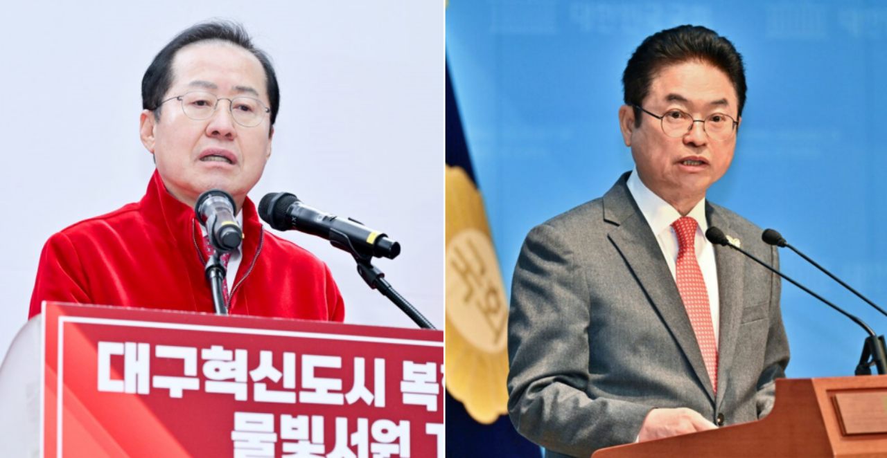 (왼쪽부터) 홍준표 대구시장이 대구혁신도시 복합문화센터 물빛서원 개관식에서 발언을 하고 있다.(2025.3.4), 이철우 경북도지사가 서울 여의도 국회에서 기자회견을 열고 발언 중이다.(2025.2.19) / 사진.대구시, 경상북도