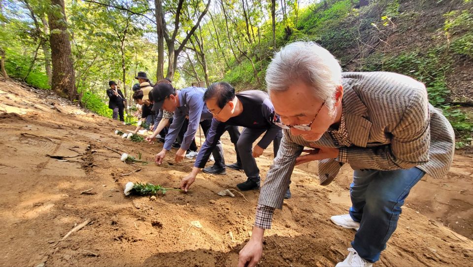 경북 김천시 구성면 송죽리 민간인 학살터 돌고개 유해 수습 현장에서 국화꽃을 헌화하는 시민들(2024.10.11) / 사진.평화뉴스 김영화 기자 