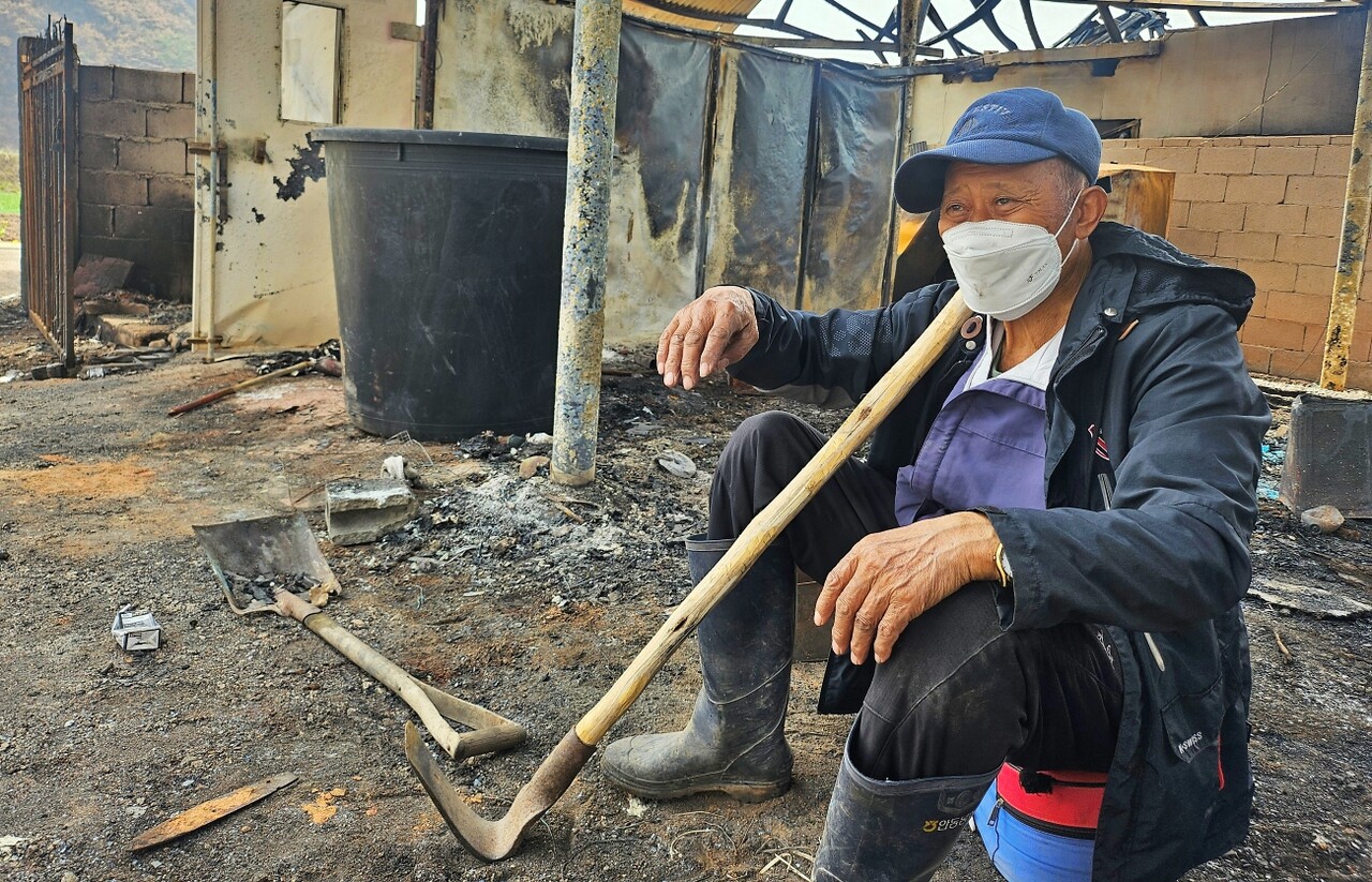 권기호(86) 할아버지가 불에 소실돼버린 창고 앞에 앉아 눈물 짓고 있다.(2025.4.18) / 사진.평화뉴스 정준민 기자