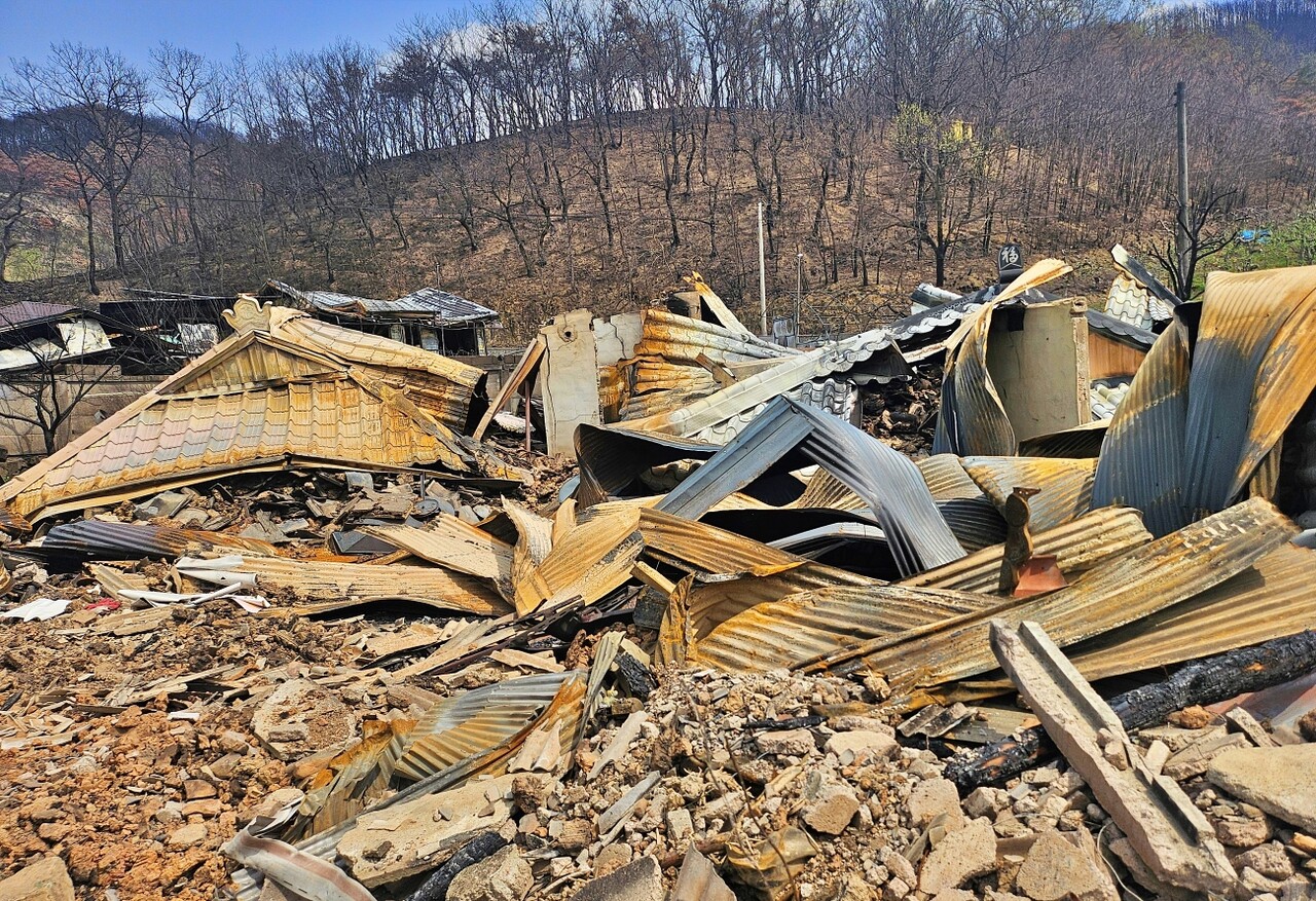 화재로 인해 집이 불에 타면서 슬레이트 지붕이 무너져내렸다. 집들은 무너졌고, 뒷산은 검게 불탔다.(2025.4.18) / 사진.평화뉴스 정준민 기자