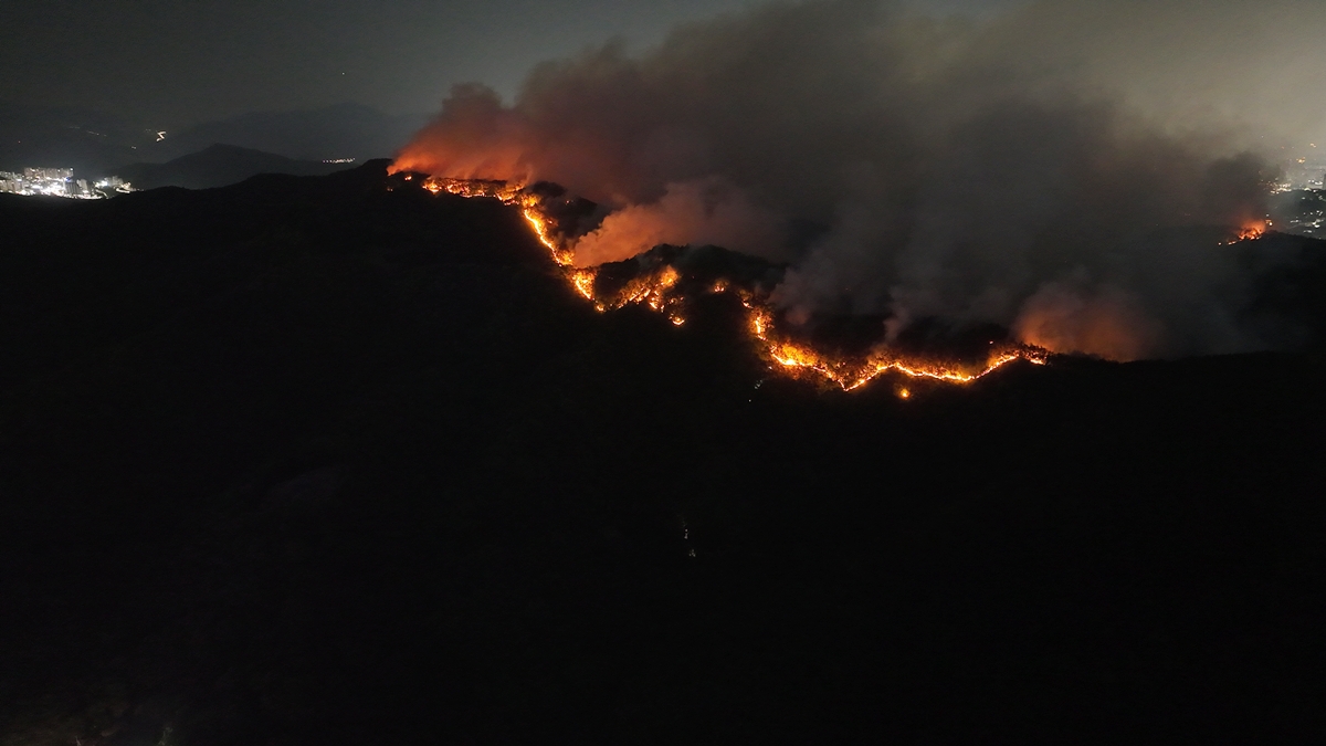 함지산 자락에서 새빨간 불길이 치솟고 있다. 10km 길게 이어진 화선이 어두운 밤에도 선명하다.(2025.4.28) / 사진.대구환경운동연합 정수근 제공  