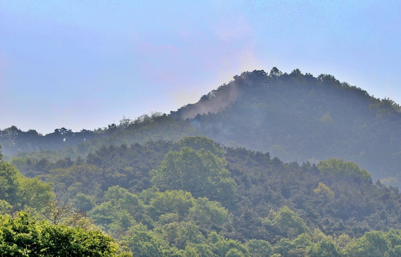 대구 북구 구암동에서 바라본 함지산에 연기가 피어오르는 모습(2025.4.29) / 사진.평화뉴스 정준민 기자