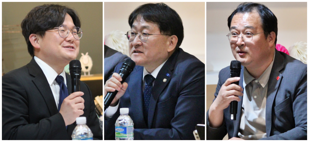 (왼쪽부터) 오영준 민주당 대구시당 대변인, 차규근 조국혁신당 대구시당위원장, 황순규 진보당 대구시당위원장(2025.5.7) / 사진.평화뉴스 정준민 기자