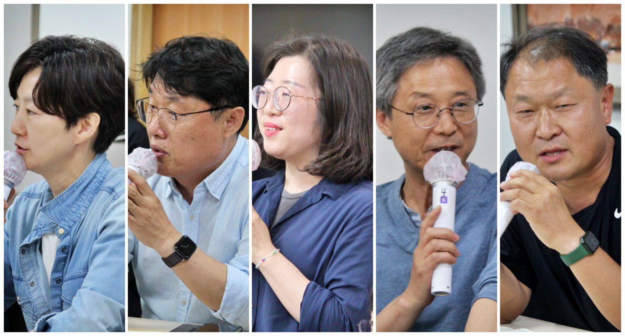 (왼쪽부터) 배진교 무지개인권연대 대표, 임성종 박정희우상화사업반대 범시민운동본부 집행위원장, 김선주 대구경북인도주의실천의사협의회 사무국장, 강금수 대구참여연대 사무처장, 정수근 대구환경운동연합 사무처장(2025.5.20) / 사진.평화뉴스 정준민 기자