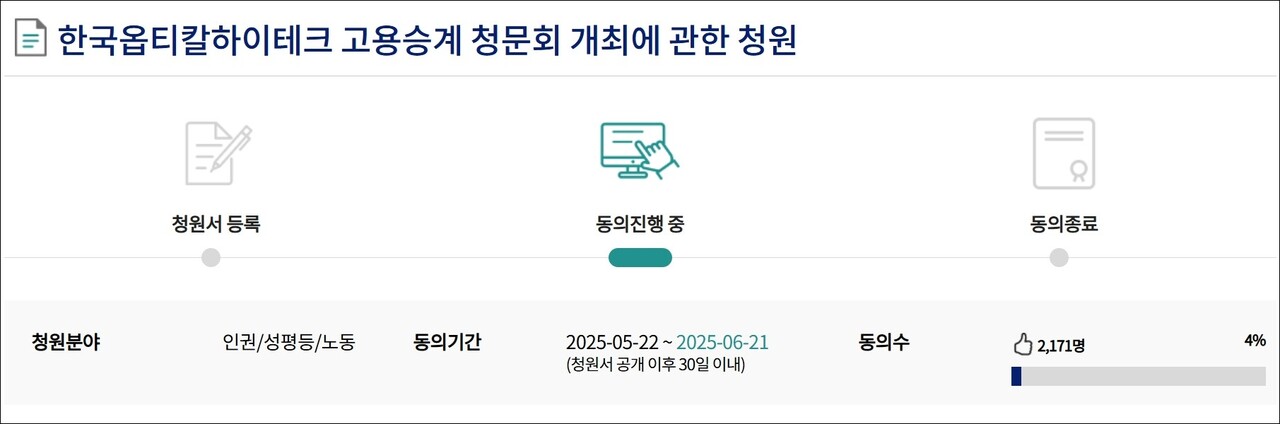 '한국옵티칼하이테크 고용승계 청문회 개최에 관한 청원'(2025.5.23) / 화면 캡처.국회전자청원