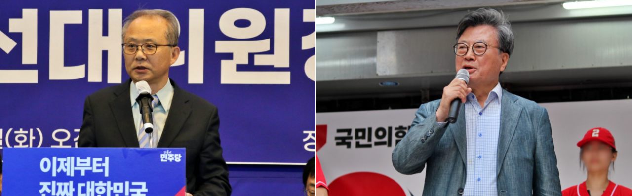 (왼쪽부터) 이재명 후보 지지 선언을 한 김재훈 대구대 명예교수(2025.5.6.)...김문수 후보를 지지하는 김형기 경북대 명예교수(2025.5.25) / 사진.평화뉴스 김영화, 정준민 기자