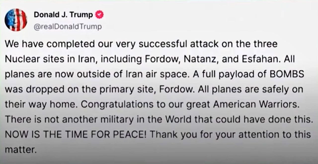 트럼프 미국 대통령 페이스북 글 "프르도와 나탄즈, 이스파한 등 이란 핵 시설에 대한 공격을 성공적으로 완료했다" / 