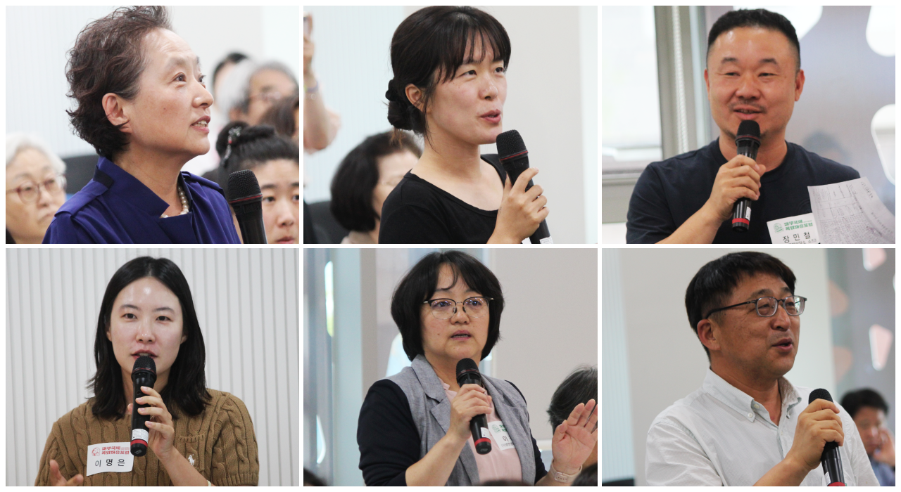 폭염 대책과 관련해 각자 세션에서 나온 의견들을 발표하는 모습...(위쪽 좌측부터)안경숙 닥터안 자연사랑연구소 고문, 박지연 퍼머컬쳐 활동가, 장민철 대구쪽방상담소 소장 (아래쪽 좌측부터) 이명은 생명평화아시아 사무국장, 이정아 식생앤생태연구소 소장, 정현수 대구녹색소비자연대 대표(2025.6.26) / 사진.평화뉴스 정준민 기자  
