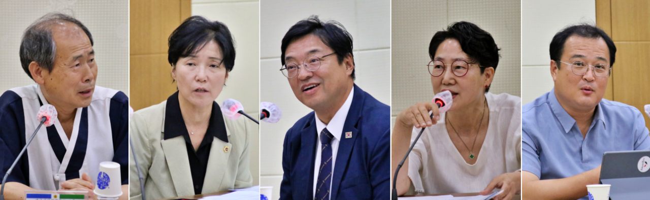 (왼쪽부터)'박정희 동상 어떻게 해야 하나' 시민토론회에서 발언하는 최봉태 변호사, 육정미 대구시의원, 허소 민주당 대구시당 위원장, 정한숙 조국혁신당 대구시당 여성위원장, 황순규 진보당 대구시당 위원장(2025.7.10) / 사진.평화뉴스 김영화 기자