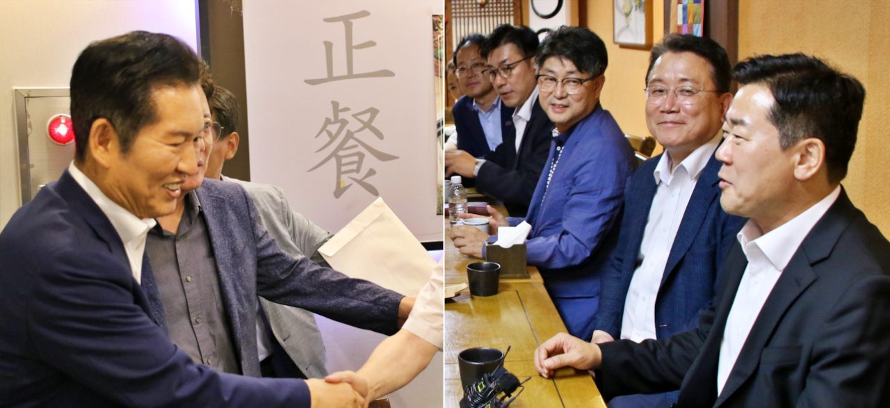 (왼쪽부터)8.2 민주당 전당대회 당 대표 경선에 출마한 정청래, 박찬대 두 국회의원이 각각 같은 날 대구에서 대구경북 지역위원장들을 만나 자신에 대한 지지를 호소하고 있다.(2025.7.14) / 사진.평화뉴스 김영화 기자