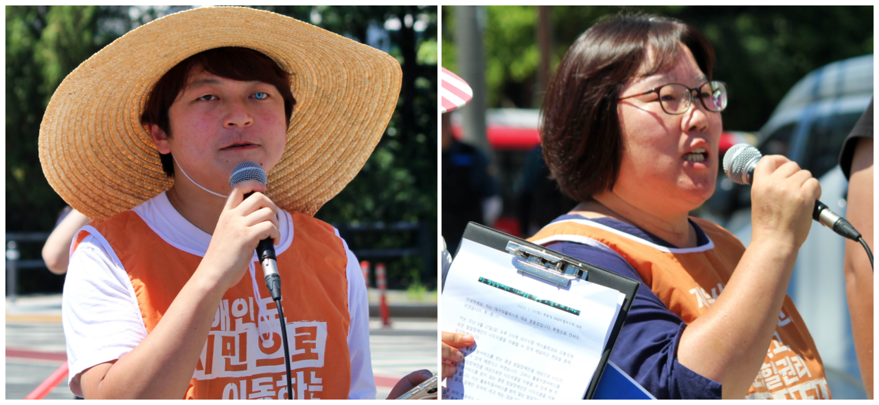 (왼쪽부터) 박동균 대구장애인차별철폐연대 사무국장, 김경숙 전국장애인부모연대 대구지부장(2025.7.29) / 사진.평화뉴스 정준민 기자