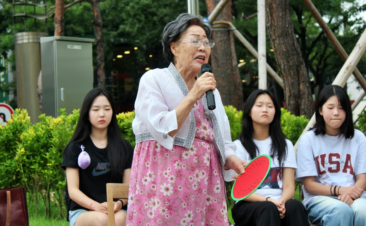 이용수(97) 할머니가 일본군 '위안부' 피해자 기림의 날 대구 기념식에서 이재명 대통령에게 "문제 해결"을 촉구했다.(2025.8.9) / 사진.평화뉴스 정준민 기자
