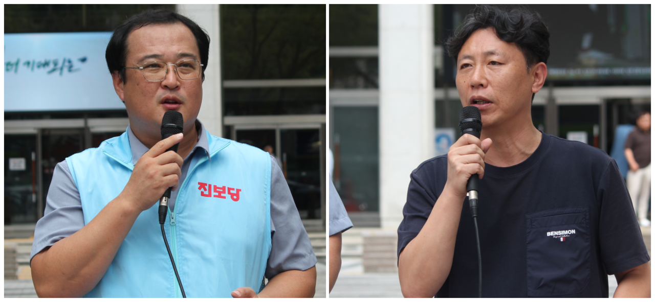 (왼쪽부터) 황순규 진보당 대구시당위원장, 최일영 금속노조현장위원장(2025.8.11) / 사진.평화뉴스 정준민 기자
