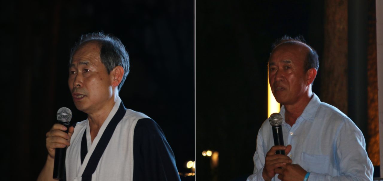 (왼쪽부터)최봉태 장생탄광희생자귀향추진단 대표, 김찬수 대구평화와통일을여는사람들 대표가 8.15대회에서 기념사를 하고 있다.(2025.8.14) / 사진.평화뉴스 김영화 기자