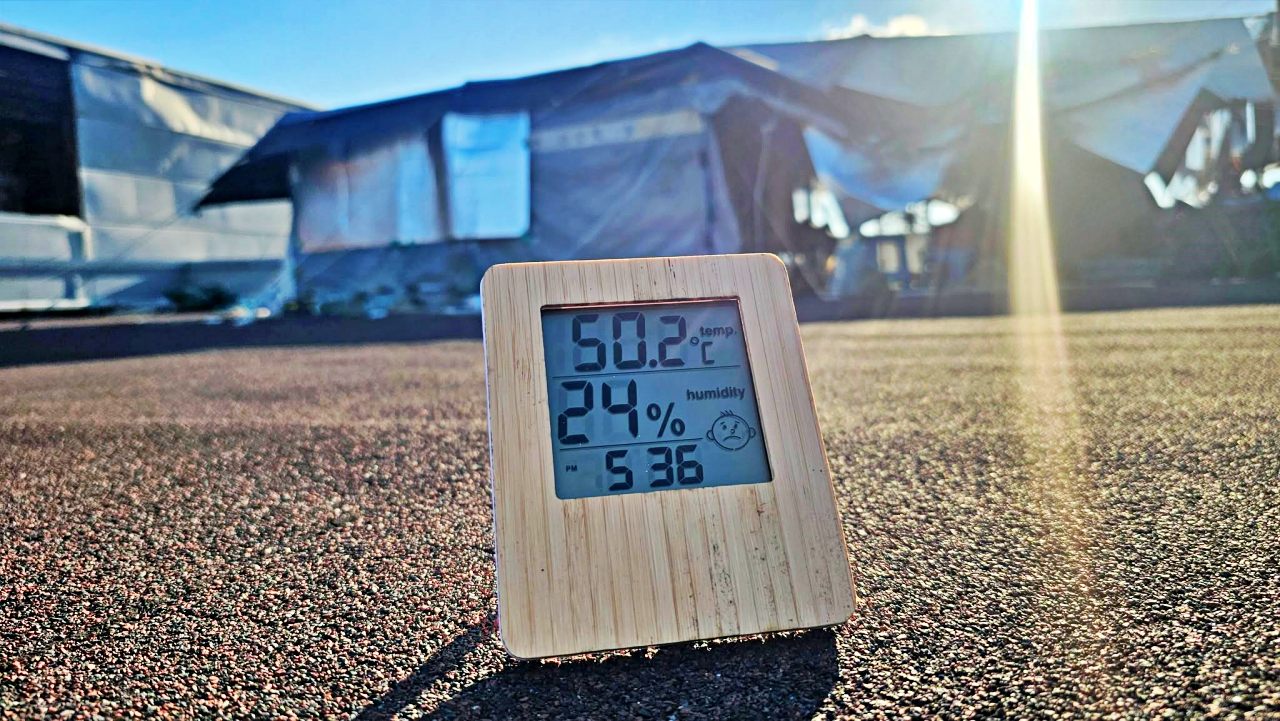 50.2도. 경북 구미 산단 문 닫은 한국옵티칼하이테크 공장 옥상 고공농성장의 기온. 해고자가 600일 가까이 농성을 하고 있다.(2025.8.16) / 사진.김동은