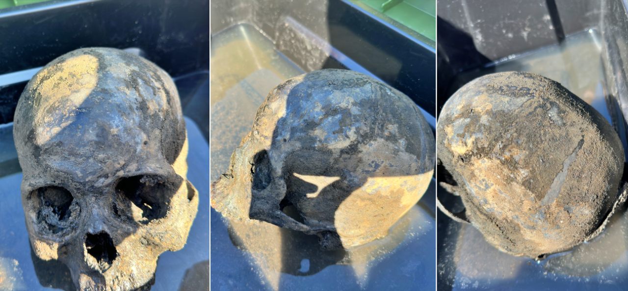 사람의 치아가 붙은 두개골이 조세이탄광 수몰갱도에서 나왔다.(2025.8.26) / 사진.아시아평화와역사연구소 한혜인 연구위원