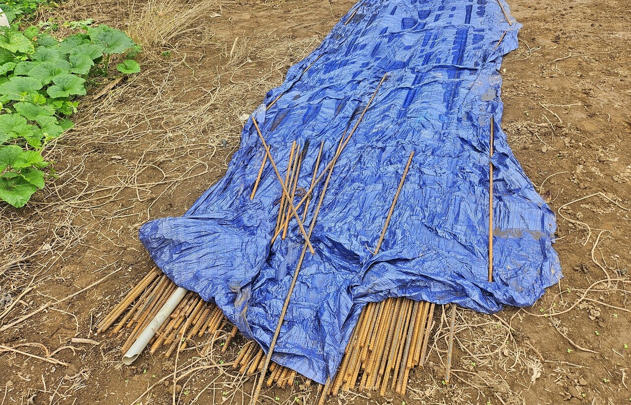 팔현습지 공사 현장에 철근이 천막으로 덮여 있는 모습(2025.9.8) / 사진.평화뉴스 정준민 기자