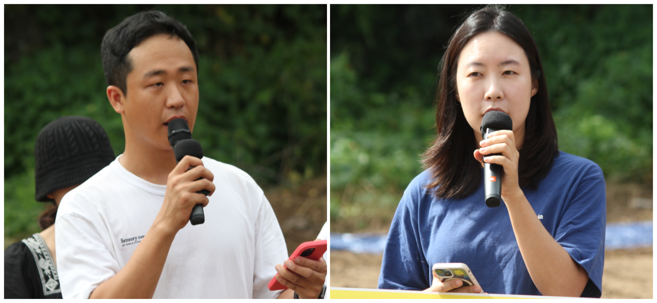 (왼쪽부터) 백승현 '팔현습지를 지키는 예술행동' 행동원, 이명은 생명평화아시아 사무국장(2025.9.8) / 사진.평화뉴스 정준민 기자