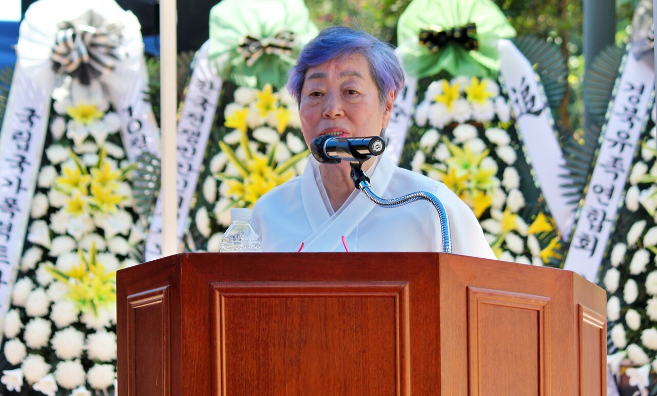 채영희 10월항쟁유족회 이사장이 "특별법 제정, 3기 진화위 출범"을 촉구했다.(2025.10.1) / 사진.평화뉴스 정준민 기자